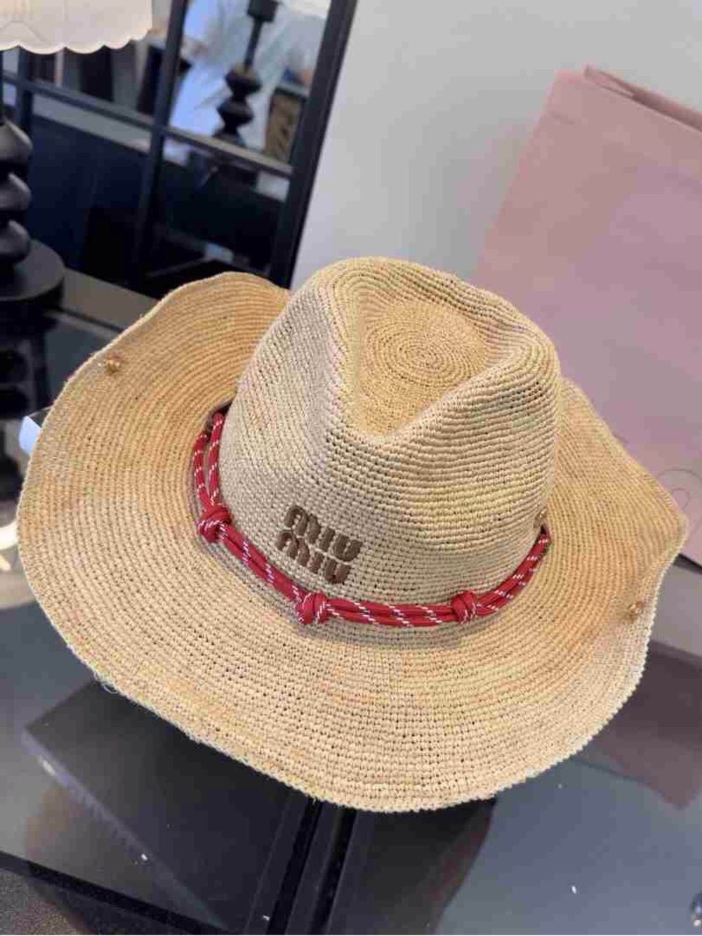 Miu Miu Beige Straw Fedora with Red Rope Band